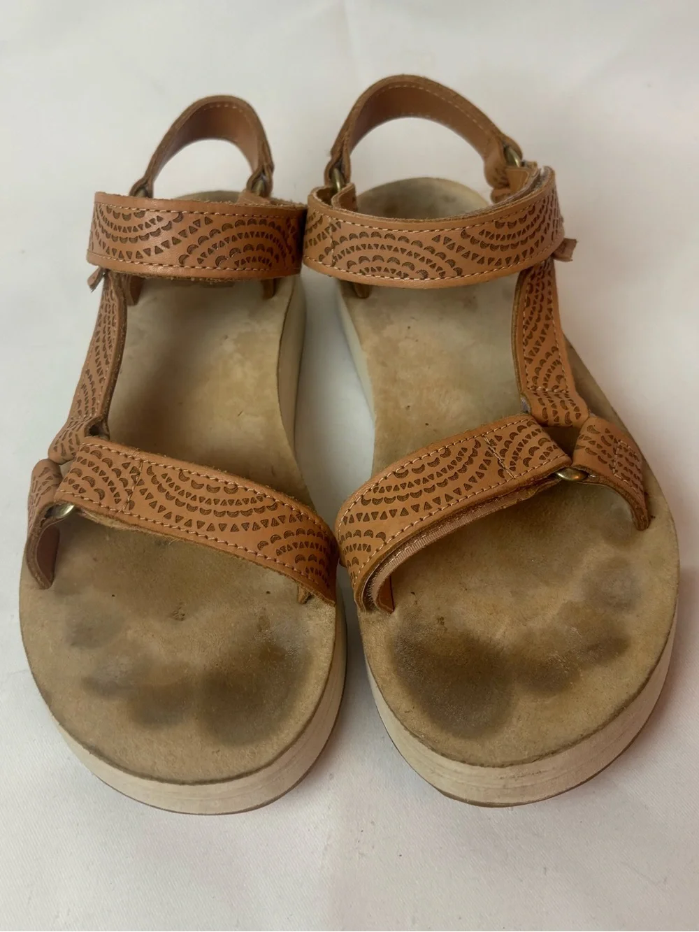 Teva Midform Universal Geometric Tan Sand Dune Leather Embossed Sandals Womens 8